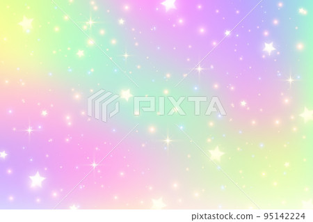 Rainbow fantasy background. Holographic illustration in pastel colors. Cute cartoon girly backdrop. Bright multicolored sky with stars. Vector. 95142224