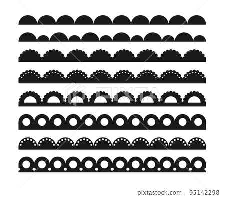 Scalloped edge seamless brush strokes set. Simple scalloped border. Fabric laces silhouette. Repeat cute vintage frill ornament. Texture ribbons. Vector illustration isolated on white background 95142298
