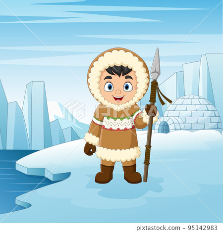 Cartoon little eskimo kid of north pole background 95142983
