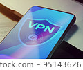 VPN - Virtual private network application for encrypt connection, anonymous internet using and unblock websites. Close up vpn security network sign logo on the smartphone screen  95143626