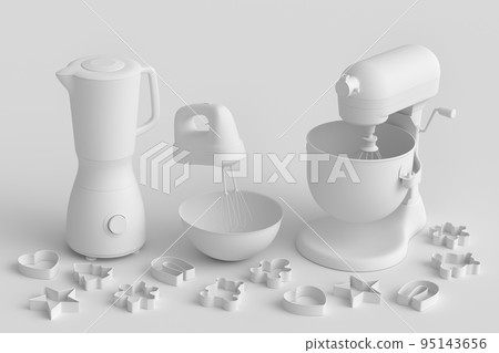 Mixer and hand mixer with kitchen utensil for preparation of dough on monochrome 95143656