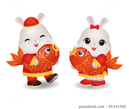 Cute rabbit couple holding koi fish as symbol of Chinese new year celebration. Cartoon design character 95143700