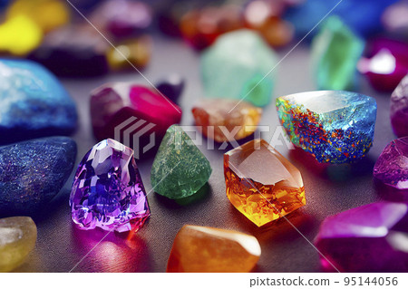 Realistic colorful shiny glowing magic crystals abstract background. Beautiful fantasy luxury wallpaper. Modern dynamic fluorescent gems illustration. Digital art. 95144056