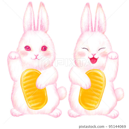 Rabbit New Year's card material _ two invited rabbits _ plain oval 95144069