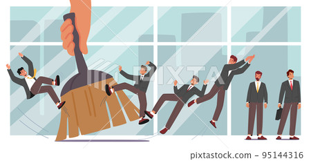 Downsnizing, Layoffs Concept. Huge Boss Hand Brushing Team of Business People. Personnel Reduction, Dismissal Metaphor 95144316