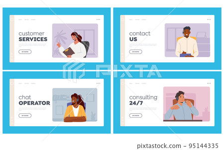 Call Center Landing Page Template Set. Hotline Operators Help Clients to Solve Problems. Male or Female Receptionists 95144335