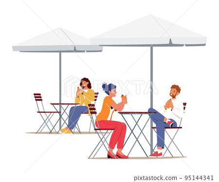 Young People Visiting Outdoor Summer Cafe. People Meeting, Eating Street Food Concept. Characters Sitting at Tables 95144341