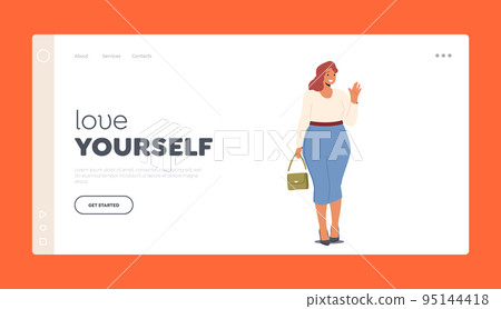 Love Yourself Landing Page Template. Bodypositive, Acceptance. Chubby Woman With Plus Size Figure In Stylish Outfit Love Yourself Landing Page Template. Bodypositive, Acceptance. Chubby Woman With Plus Size Figure In Stylish Outfit 95144418