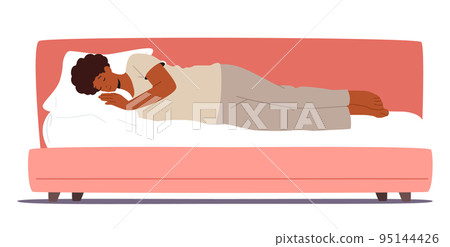 Night Rest and Bedding Time Concept. Black Woman in Pajama Sleep on Bed with Pillow Side View. Relaxed Girl Sleeping Night Rest and Bedding Time Concept. Black Woman in Pajama Sleep on Bed with Pillow Side View. Relaxed Girl Sleeping 95144426