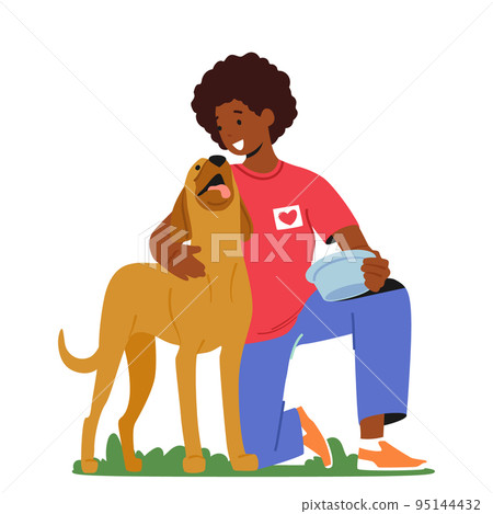 Friendly Female Volunteer Character Feeding Dog In Animal Shelter Or Pound. Young African American Woman With Bowl Friendly Female Volunteer Character Feeding Dog In Animal Shelter Or Pound. Young African American Woman With Bowl 95144432