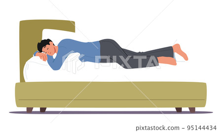 Dreamy Male Character Sleeping In Relaxed Pose Lying On Bed And Hugging Pillow Side View. Bedding Time, Sleep Or Nap Dreamy Male Character Sleeping In Relaxed Pose Lying On Bed And Hugging Pillow Side View. Bedding Time, Sleep Or Nap 95144434