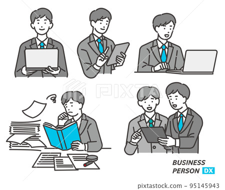 商人手持平板電腦或電腦與 DX 促銷/IT/西裝/效率的矢量圖解材料 95145943