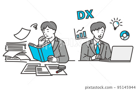 Vector illustration material of a businessman whose work has become more efficient with DX / business person / IT / suit / DX 95145944