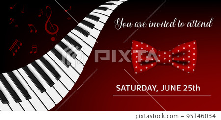 Elegant invitation to a concert with keyboard instruments. Illustration in dark red color with notes and text. Elegant invitation to a concert with keyboard instruments. Illustration in dark red color with notes and text. 95146034