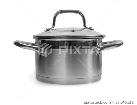 New Cooking Pot Isolated, Metal Saucepan with Glass Lid New Cooking Pot Isolated, Metal Saucepan with Glass Lid 95146128