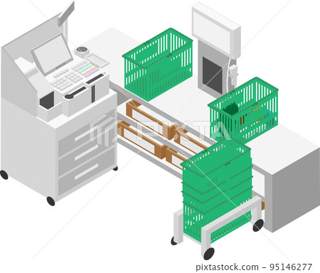 Isometric supermarket cash register and basket 95146277