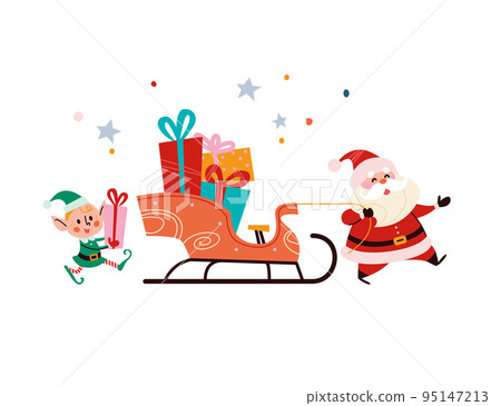 Merry Christmas concept with Santa Claus, elf and sleigh full of presents. Merry Christmas concept with Santa Claus, elf and sleigh full of presents. 95147213