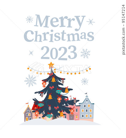 Merry Christmas 2023 design with xmas holiday fir tree decorated on cozy winter city street. Merry Christmas 2023 design with xmas holiday fir tree decorated on cozy winter city street. 95147214