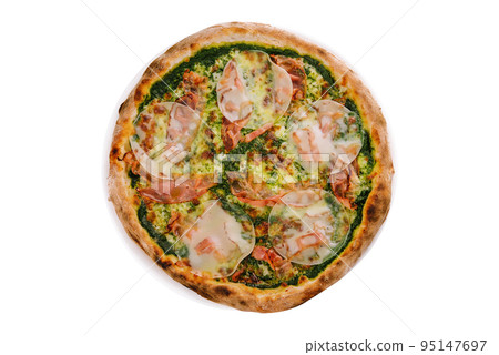 Pizza with bacon and spinach on white background Pizza with bacon and spinach on white background 95147697