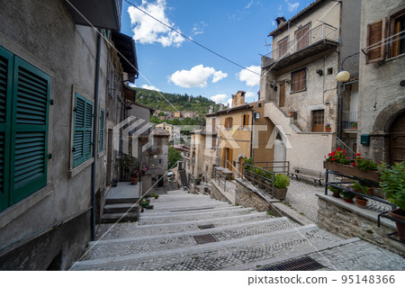 Walk in old streets of Scanno town in Italy 95148366
