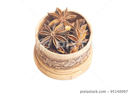 Star anises isolated on white background. Dried star anise spice fruits 95148997