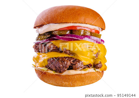 Large cheeseburger with two beef patties grilled 95149144