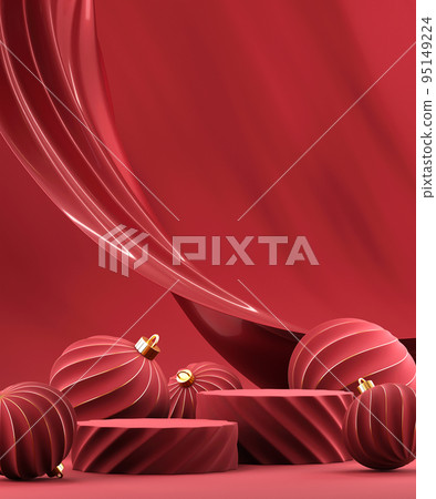 3D abstract Christmas red background with red Christmas ornaments 95149224