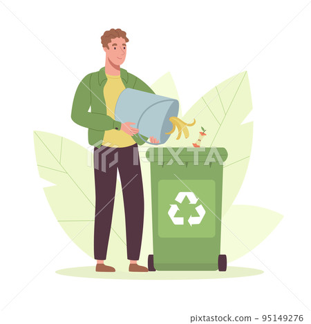 Waste sorting. A man throws garbage out of a bucket without using plastic bags. Zero waste lifestyle that does not harm the planet. Ecological concept of protecting nature from plastic. Eco vector 95149276