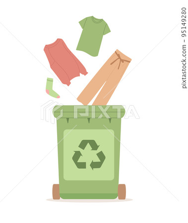 Clothing recycling. Sweater, t-shirt, pants, socks are thrown into container. Reuse clothes, eco fashion, zero waste. Flat vector illustration. Clothing recycling. Sweater, t-shirt, pants, socks are thrown into container. Reuse clothes, eco fashion, zero waste. Flat vector illustration. 95149280