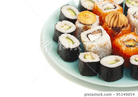 Sushi rolls japanese food on a plate isolated on white background. Sushi rolls japanese food on a plate isolated on white background. 95149854