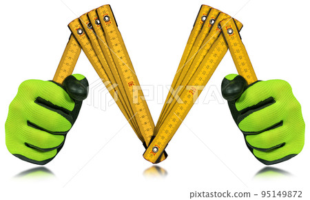 Orange Old Wooden Folding Ruler in the shape of letter M - Meter Orange Old Wooden Folding Ruler in the shape of letter M - Meter 95149872