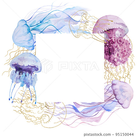 Frame with Watercolor Golden, pink and light purple jellyfishes, nautical sea wedding Illustration 95150044