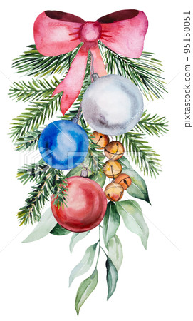 Christmas Watercolor arrangement with fir tree branches, baubles, bells and ribbon bow illustration 95150051