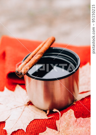 Mulled wine with cinnamon sticks in thermo cup outdoors in autumn park. Red scarf Fall picnic Mulled wine with cinnamon sticks in thermo cup outdoors in autumn park. Red scarf Fall picnic 95150215