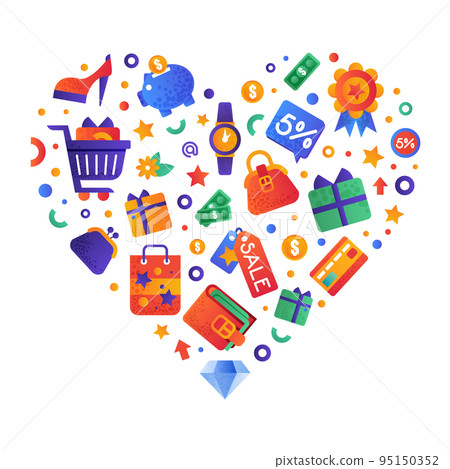 Sale and Shopping Heart Shape Arrangement with Flat and Colorful Icon Vector Template 95150352