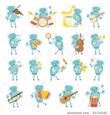 Robot Musician Playing Musical Instrument Performing on Stage Big Vector Set Robot Musician Playing Musical Instrument Performing on Stage Big Vector Set 95150382