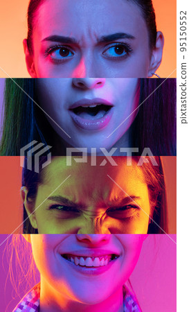 Scare and anger. Vertical composite image of male and female parts of faces isolated on colored neon background. Human emotions, psychology, mental health 95150552