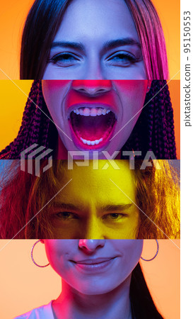 Shout, smile. Vertical composite image of male and female parts of faces isolated on colored neon background. Concept of emotions, facial expressions 95150553
