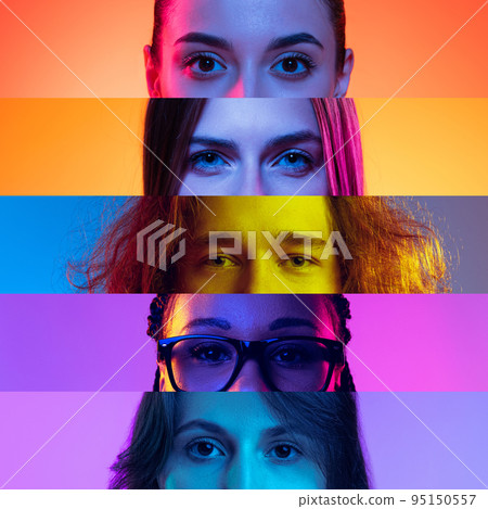 Confidence. Collage of close-up male and female eyes isolated on colored neon backgorund. Multicolored stripes. Concept of equality, vision, emotions Confidence. Collage of close-up male and female eyes isolated on colored neon backgorund. Multicolored stripes. Concept of equality, vision, emotions 95150557