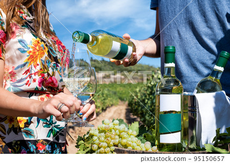 Boy pours wine into the goblet between the rows of a vineyard. Boy pours wine into the goblet between the rows of a vineyard. 95150657
