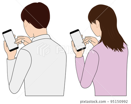 Back view of men and women looking at smartphones 95150992