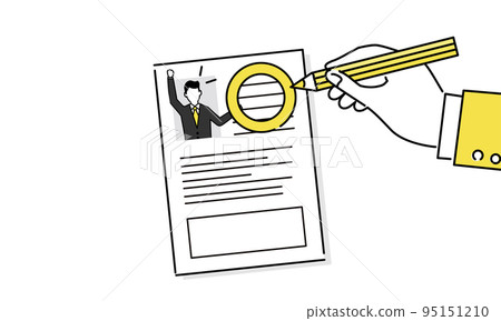 很高興被雇用的圖像插圖，附在簡歷上的圓圈標記，矢量圖 95151210