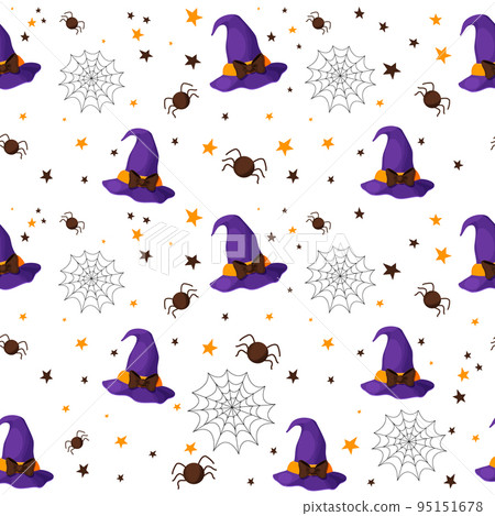 Halloween witch hats fancy seamless pattern cute decorated with spiders and stars in cartoon style on white background. Cute wizard caps, spider web for holiday celebration Halloween witch hats fancy seamless pattern cute decorated with spiders and stars in cartoon style on white background. Cute wizard caps, spider web for holiday celebration 95151678