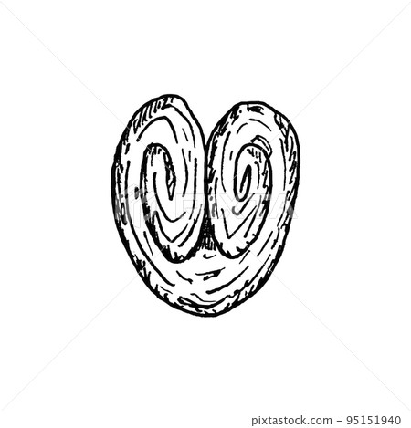 Palmieri, bakery products. Oreja hojaldre. Ink sketch of French pastry. Hand drawn vector illustration. 95151940