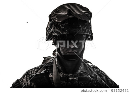 Shoulder portrait of modern army infantry soldier with dirty face in digital camouflage battle uniform, combat helmet, tactical sunglasses looking at camera desaturated, isolated on white background Shoulder portrait of modern army infantry soldier with dirty face in digital camouflage battle uniform, combat helmet, tactical sunglasses looking at camera desaturated, isolated on white background 95152451