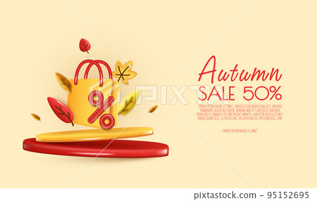 Autumn sale background with leaves, shopping bag, percent symbol acorn. Copy space text 95152695