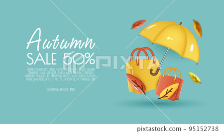 Autumn sale banner template with realistic umbrella and autumn leaves. Vector illustration Autumn sale banner template with realistic umbrella and autumn leaves. Vector illustration 95152738