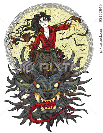 Colorful illustration with fantasy dragon and handsome warrior character boy, hero man or prince isolated on white, manga cartoon style Colorful illustration with fantasy dragon and handsome warrior character boy, hero man or prince isolated on white, manga cartoon style 95152949