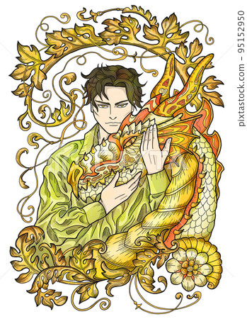 Colorful illustration with fantasy dragon and handsome warrior character boy, hero man or prince isolated on white, manga cartoon style Colorful illustration with fantasy dragon and handsome warrior character boy, hero man or prince isolated on white, manga cartoon style 95152950