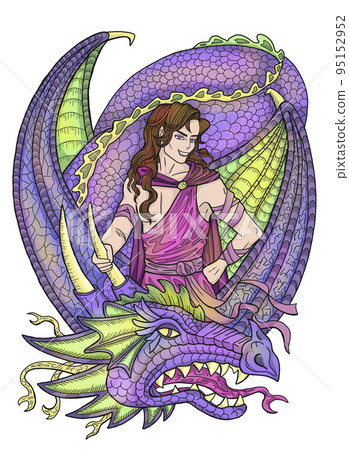 Colorful illustration with fantasy dragon and handsome warrior character boy, hero man or prince isolated on white, manga cartoon style Colorful illustration with fantasy dragon and handsome warrior character boy, hero man or prince isolated on white, manga cartoon style 95152952
